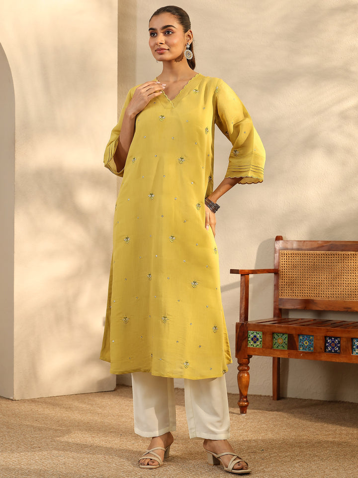 Green Embroidered Chanderi Cotton Straight Kurta