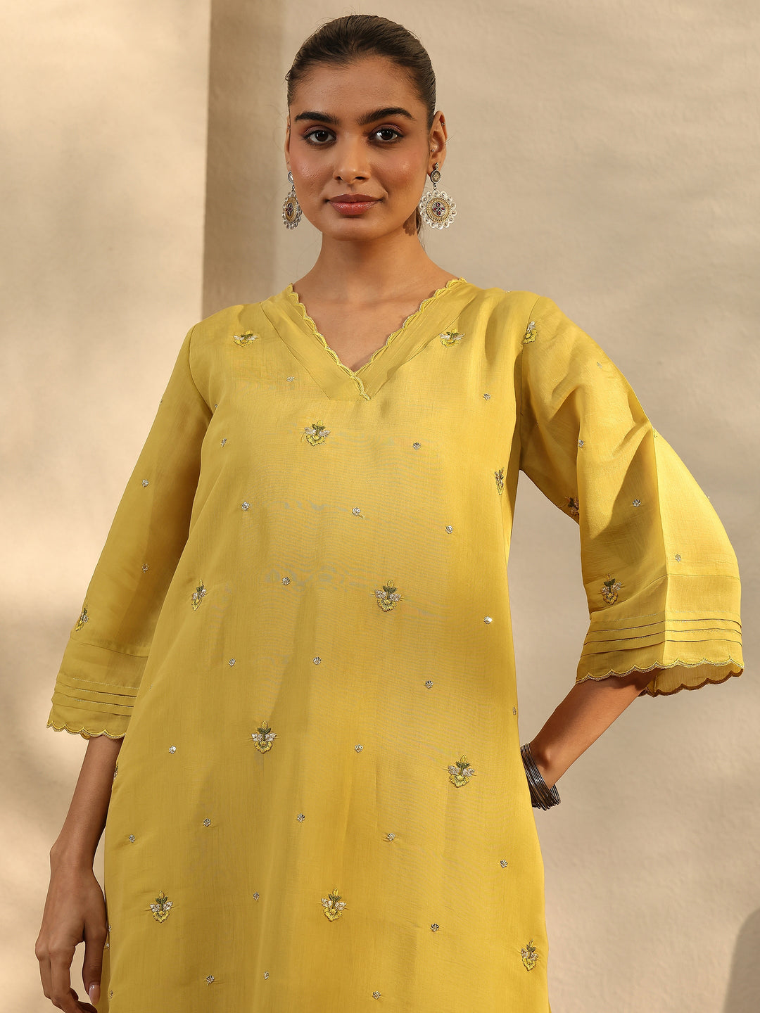 Green Embroidered Chanderi Cotton Straight Kurta