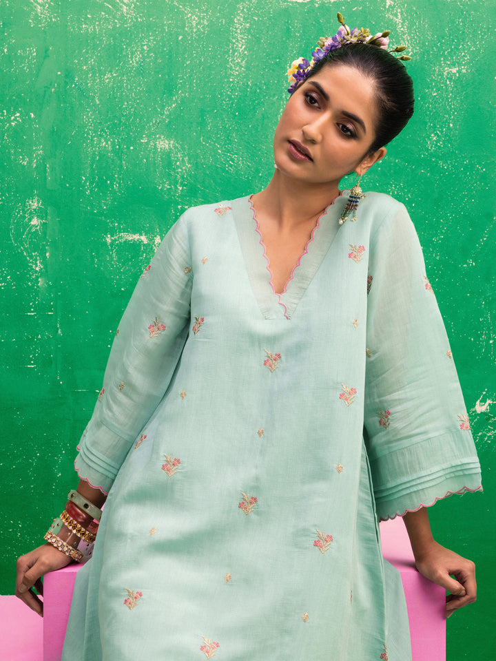 Blue Embroidered Chanderi Cotton A-Line Kurta