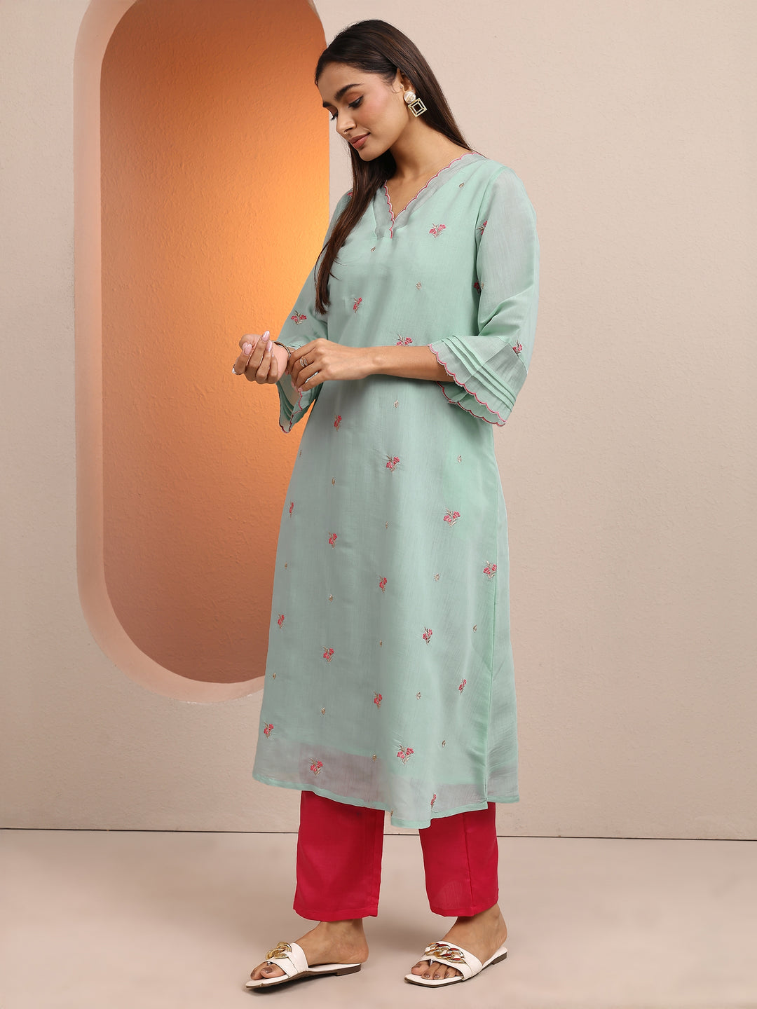 Blue Embroidered Chanderi Cotton A-Line Kurta