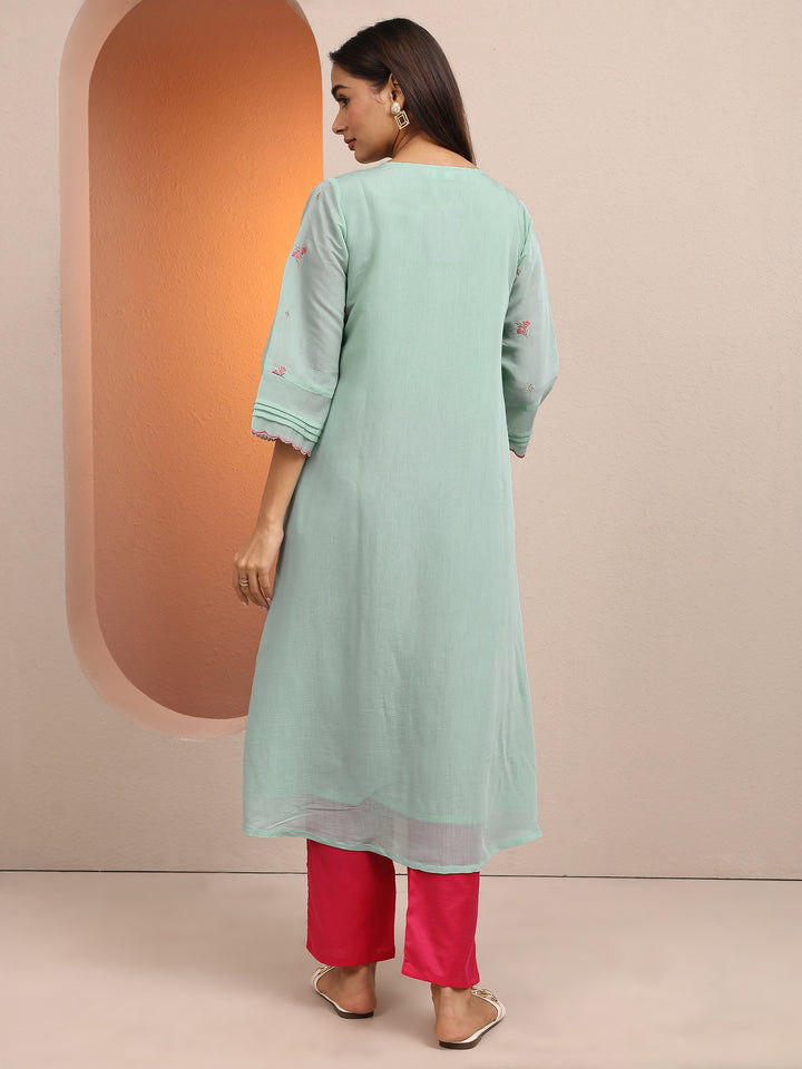 Blue Embroidered Chanderi Cotton A-Line Kurta