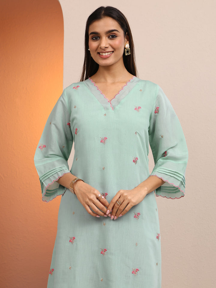 Blue Embroidered Chanderi Cotton A-Line Kurta