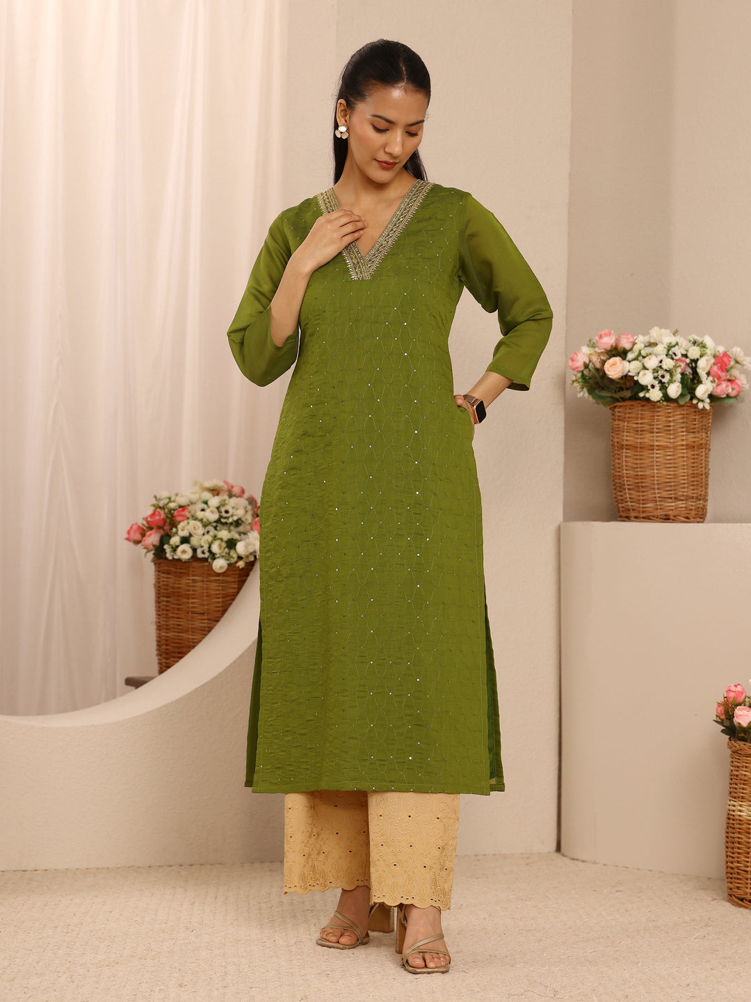 Green Embellished Chanderi Cotton Straight Kurta