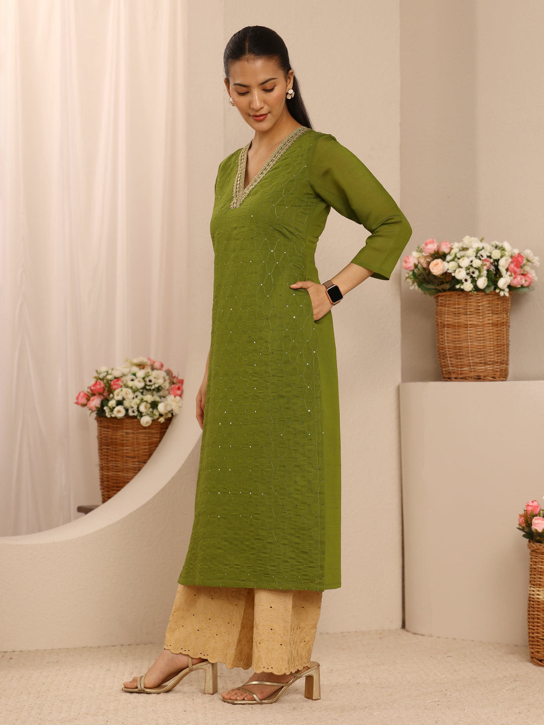 Green Embellished Chanderi Cotton Straight Kurta