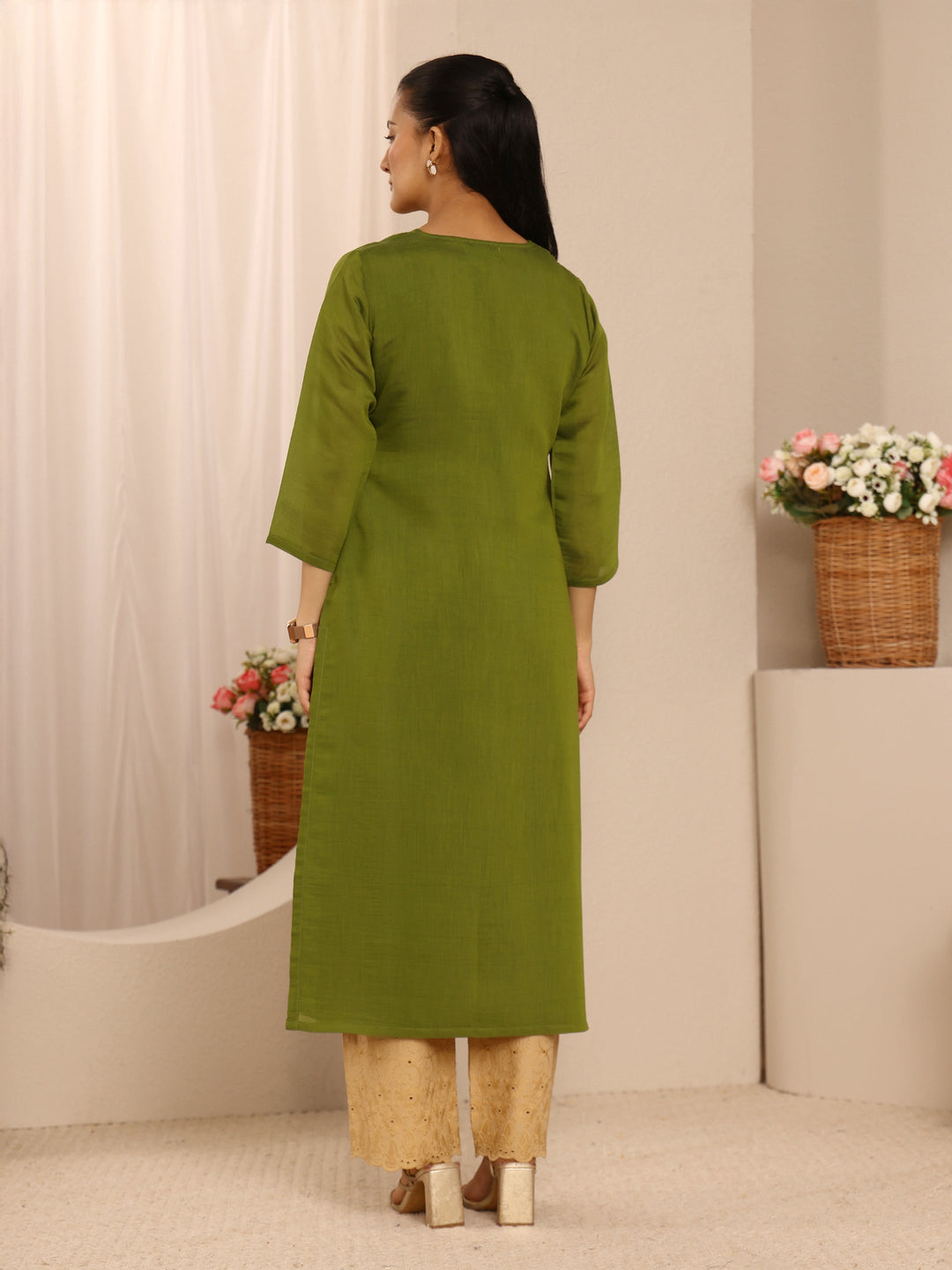 Green Embellished Chanderi Cotton Straight Kurta