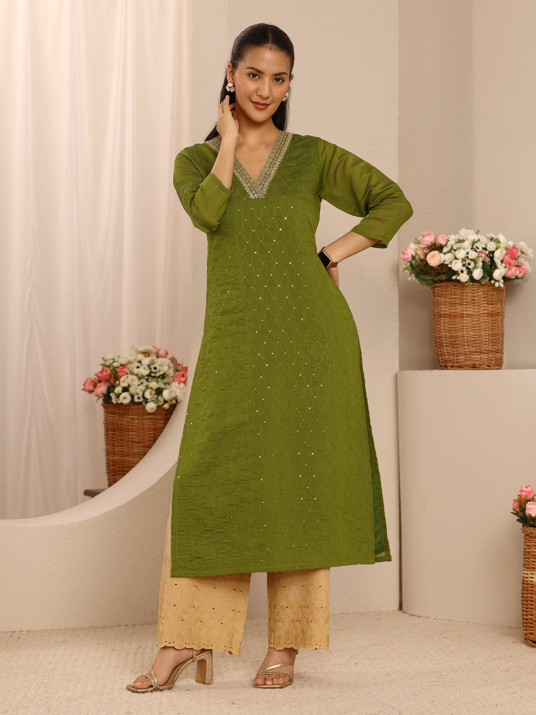 Green Embellished Chanderi Cotton Straight Kurta