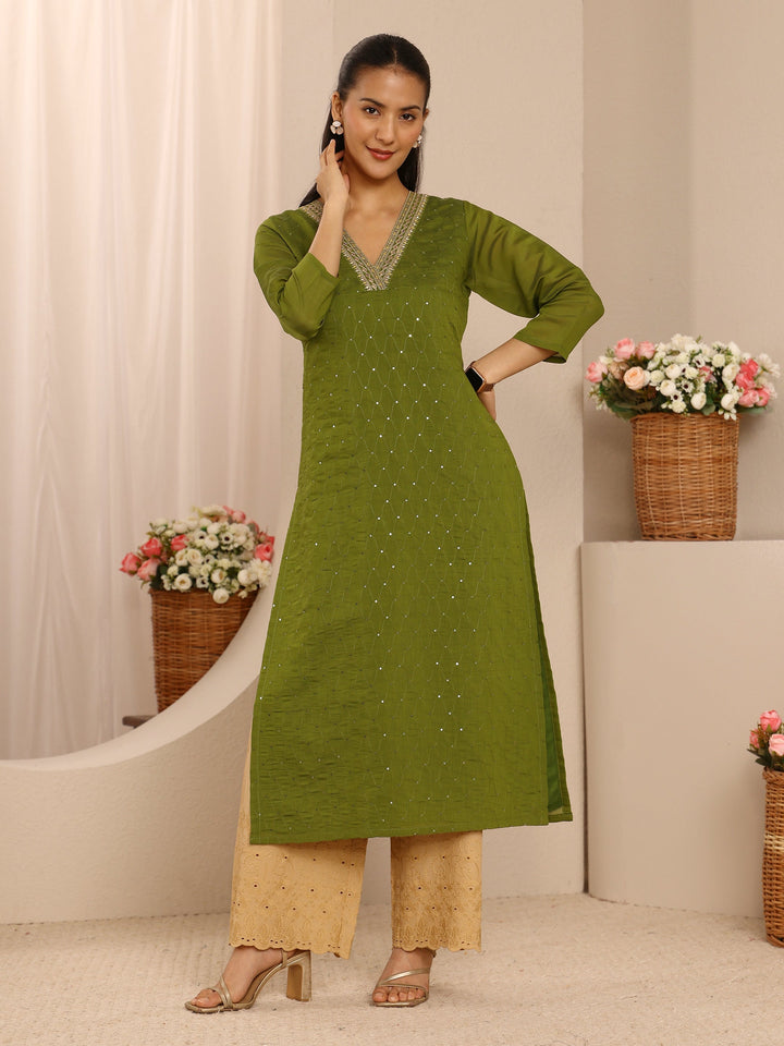 Green Embellished Chanderi Cotton Straight Kurta