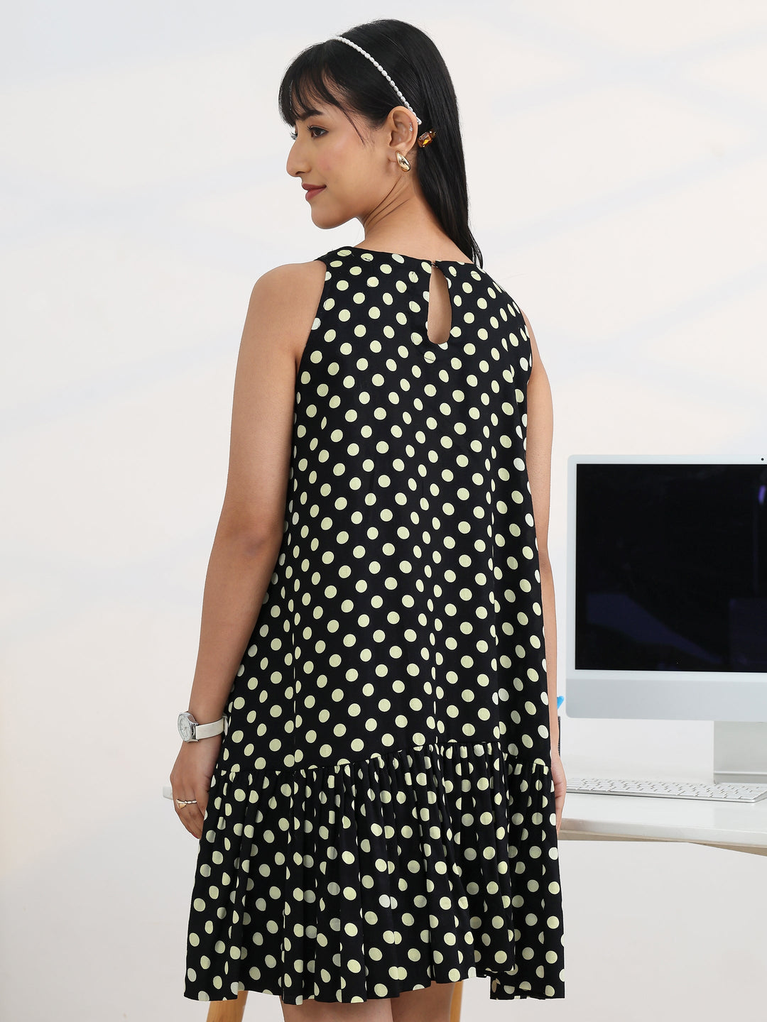 Black Polka Dots Printed Cotton A-line One Piece Dress