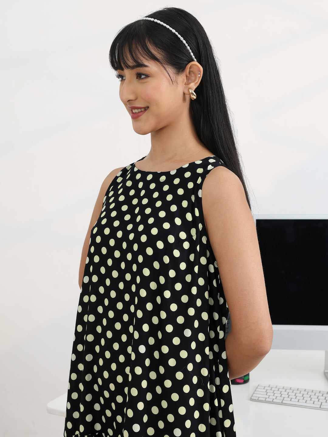 Black Polka Dots Printed Cotton A-line One Piece Dress
