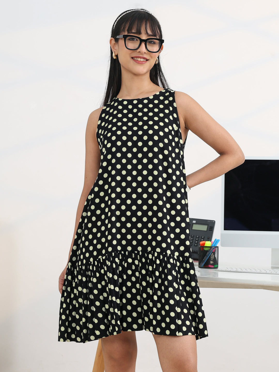 Black Polka Dots Printed Cotton A-line One Piece Dress