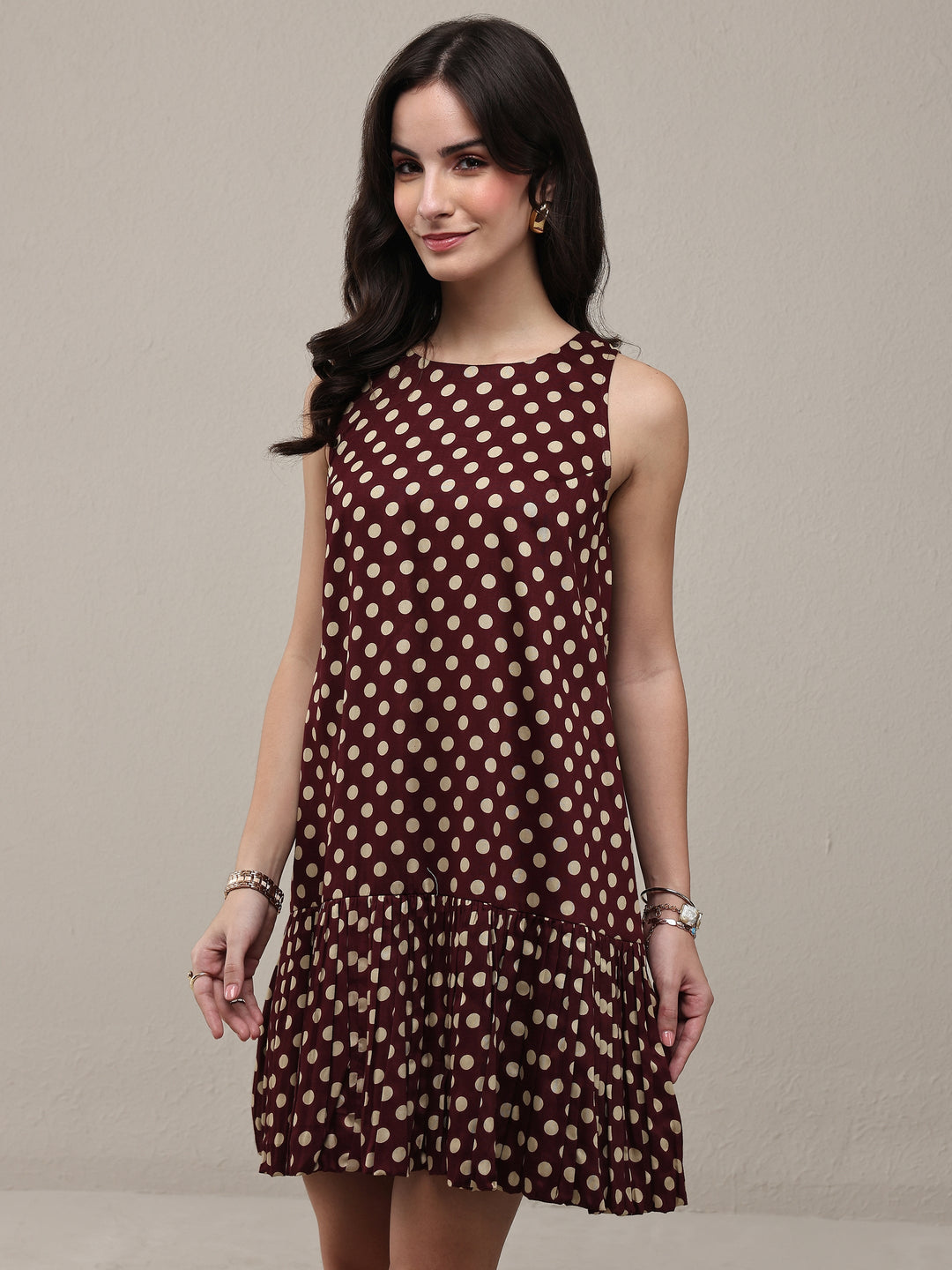 Brown Polka Dot Printed Cotton Drop Waist Dress