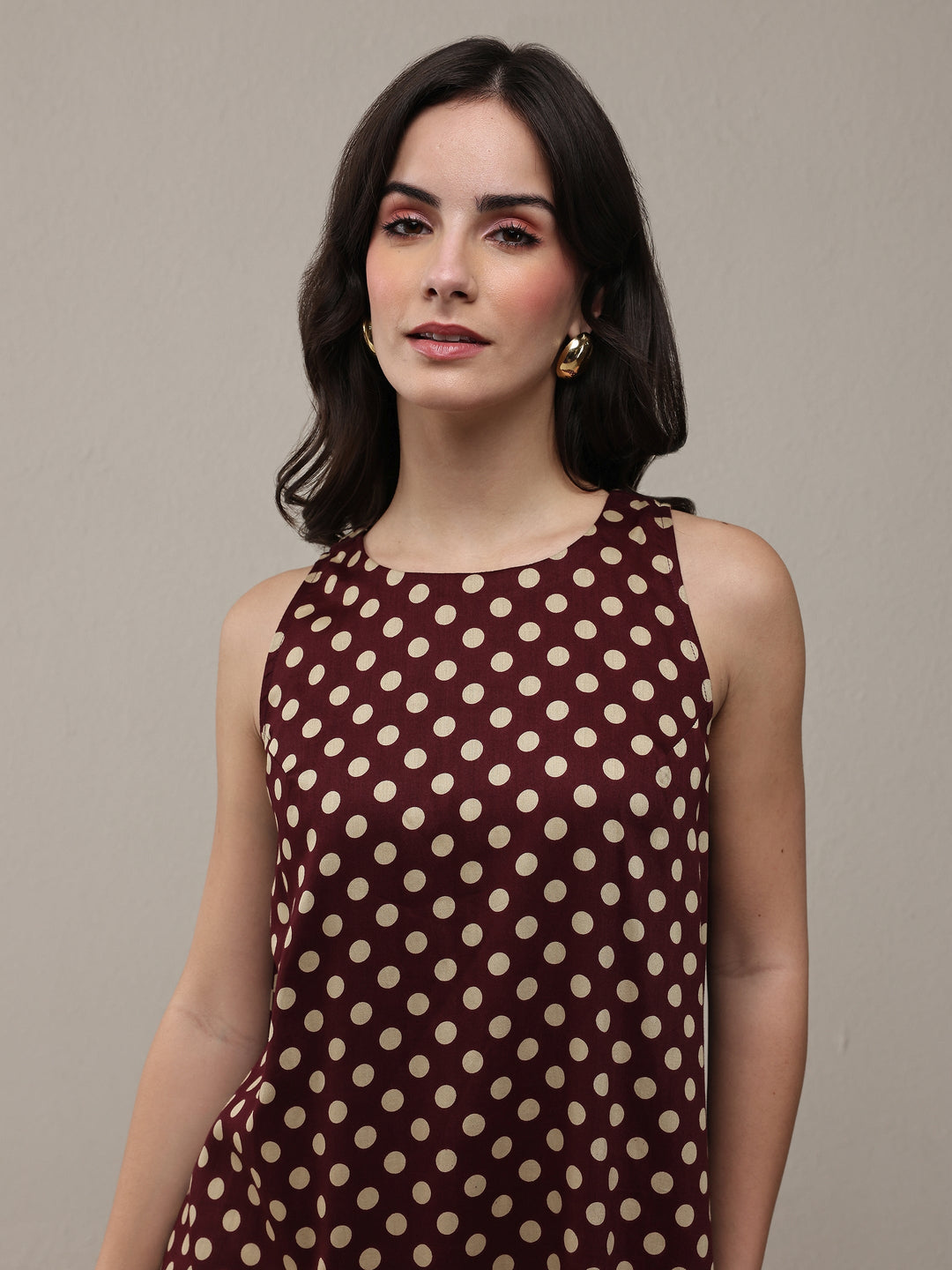 Brown Polka Dot Printed Cotton Drop Waist Dress