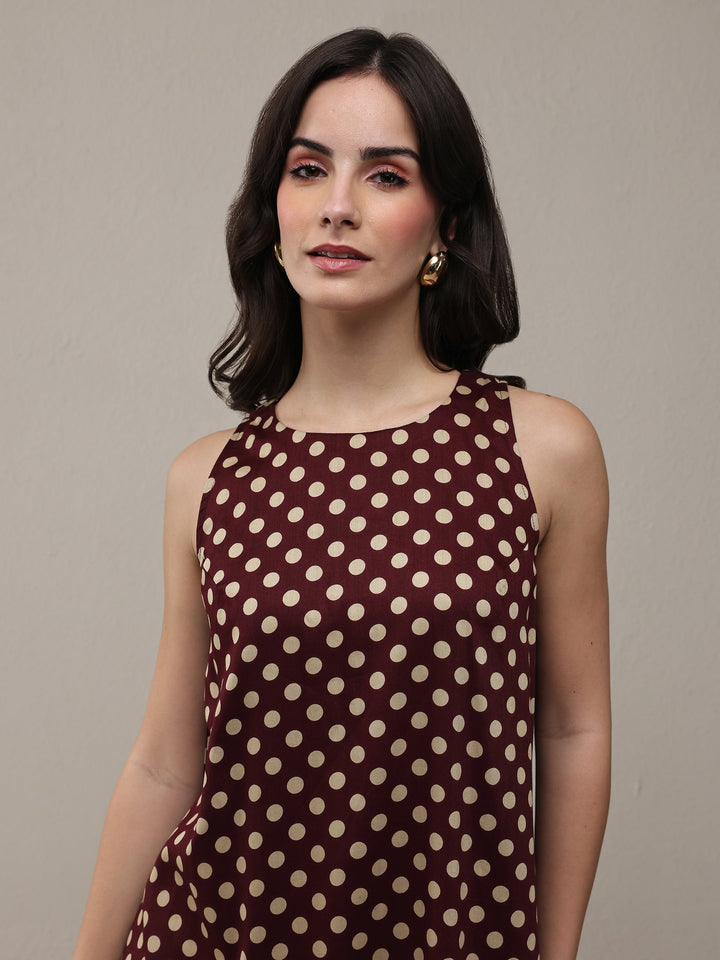 Brown Polka Dot Printed Cotton Drop Waist Dress