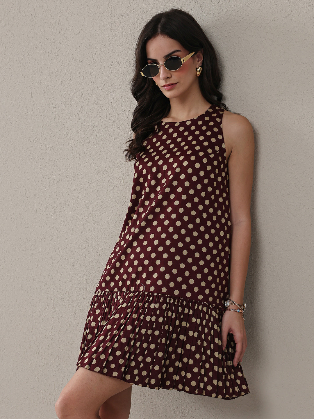 Brown Polka Dot Printed Cotton Drop Waist Dress