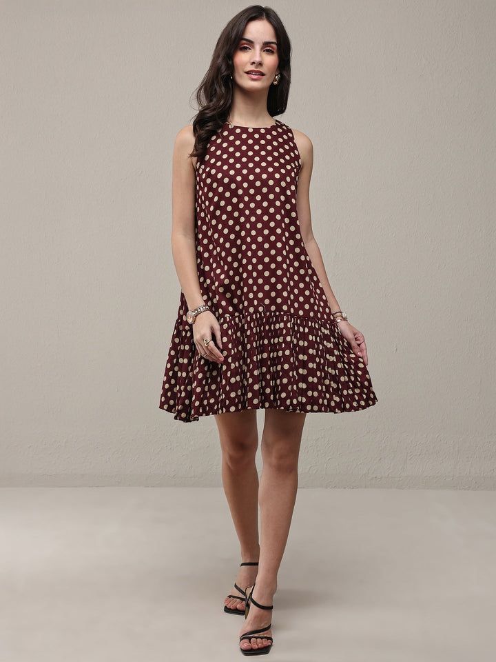 Brown Polka Dot Printed Cotton Drop Waist Dress