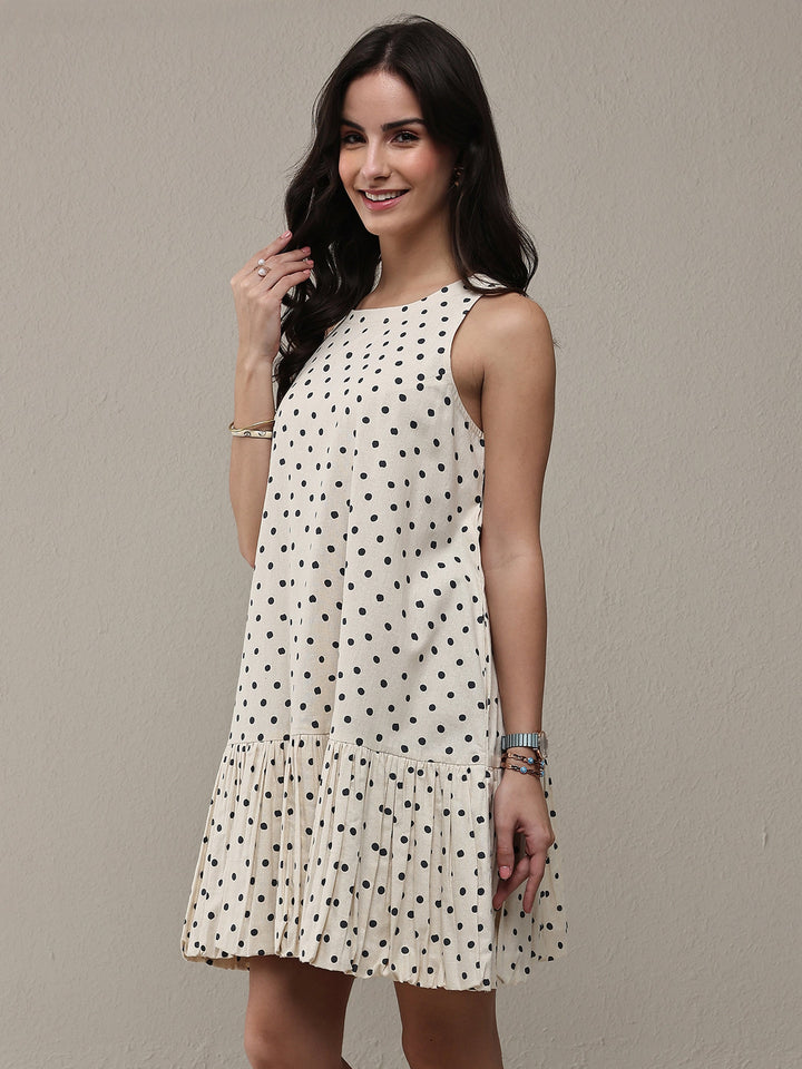 Off White Polka Dot Printed Cotton Drop Waist Dress
