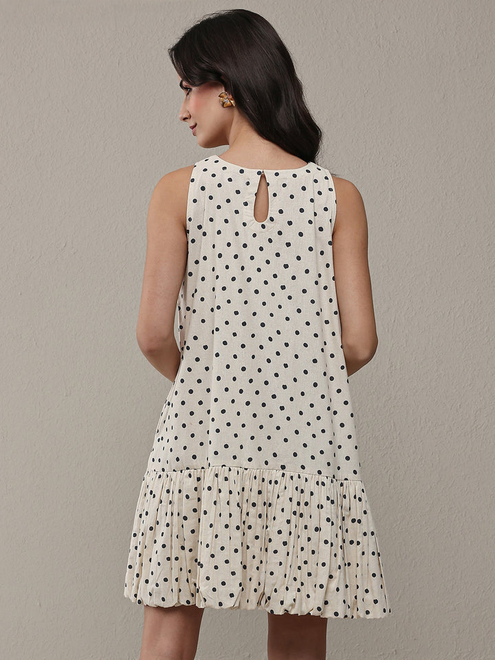 Off White Polka Dot Printed Cotton Drop Waist Dress