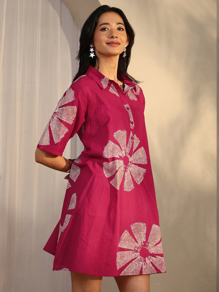 Pink Printed Cotton A-Line One Piece Dress