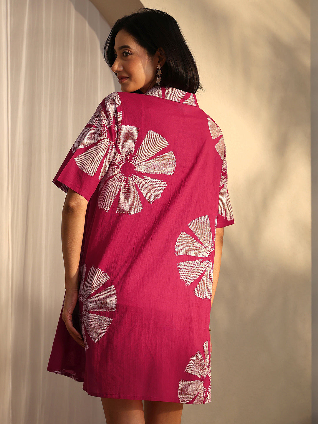 Pink Printed Cotton A-Line One Piece Dress