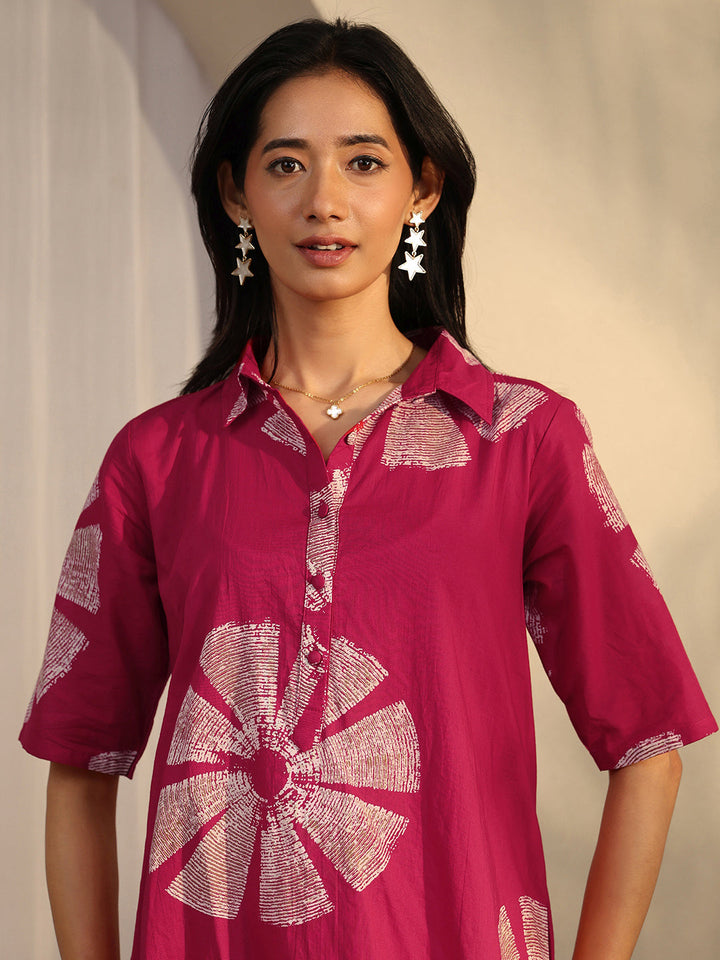 Pink Printed Cotton A-Line One Piece Dress