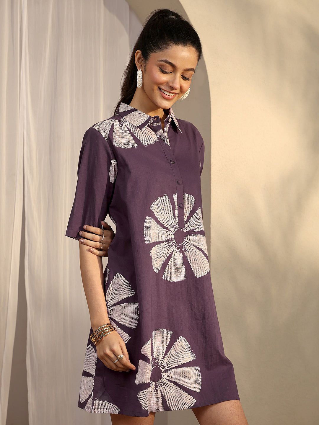 Purple Printed Cotton A-Line One Piece Dress