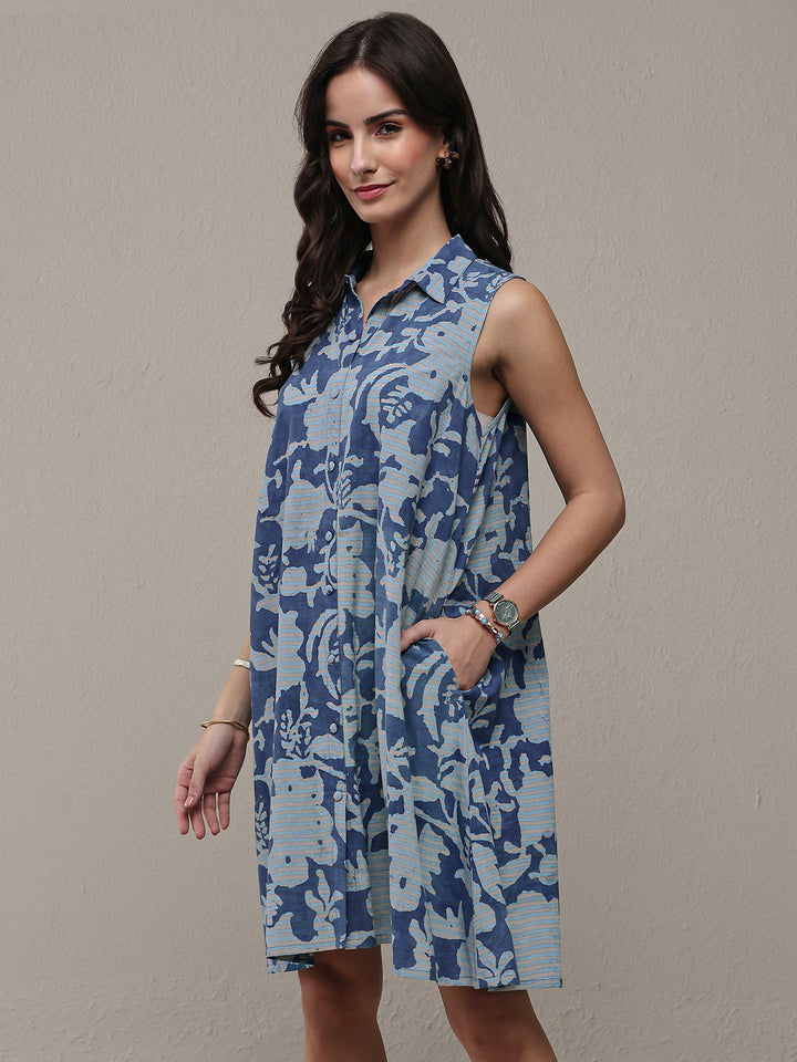 Blue Floral Printed Cotton A-Line Shirt Style Dress