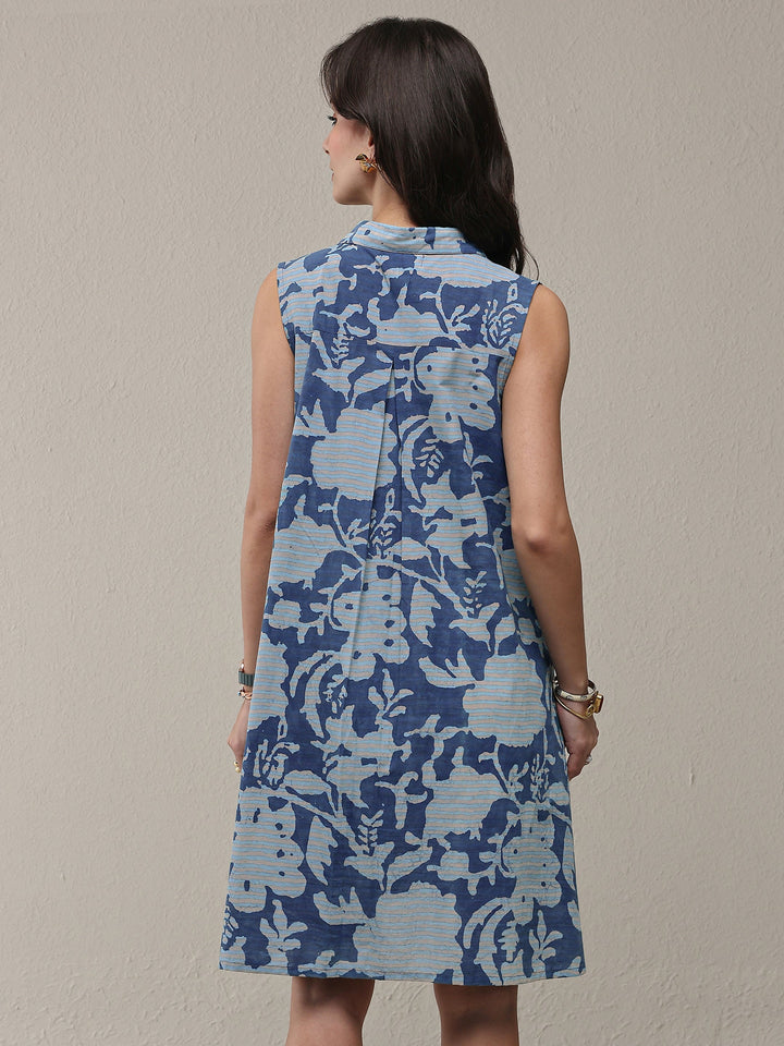 Blue Floral Printed Cotton A-Line Shirt Style Dress
