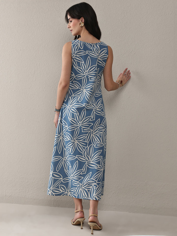 Blue Floral Printed Cotton A-Line One Piece Dress