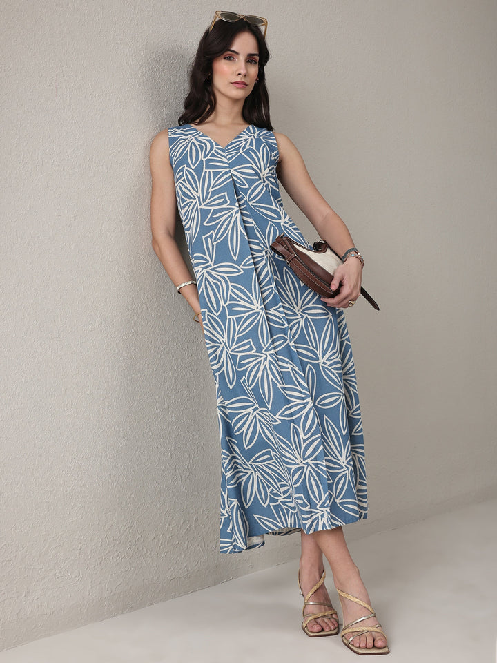 Blue Floral Printed Cotton A-Line One Piece Dress
