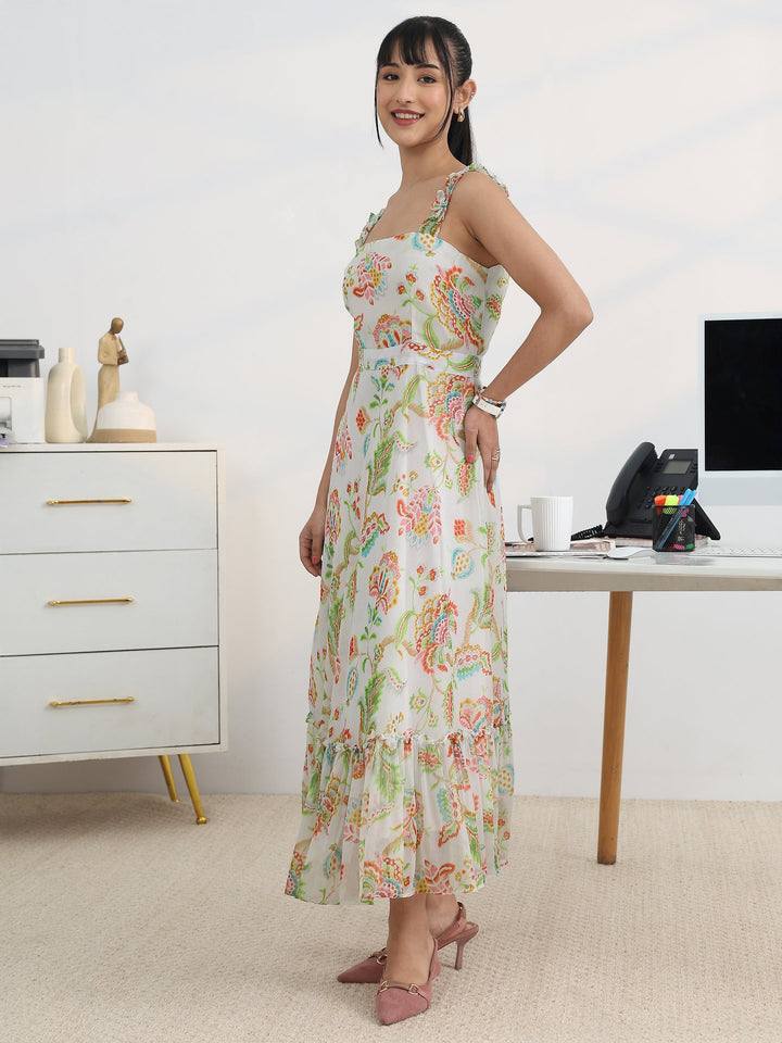 Off White Printed Chiffon Fit and Flare One Piece Dress