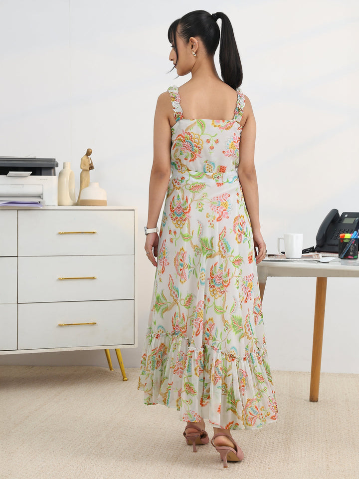 Off White Printed Chiffon Fit and Flare One Piece Dress