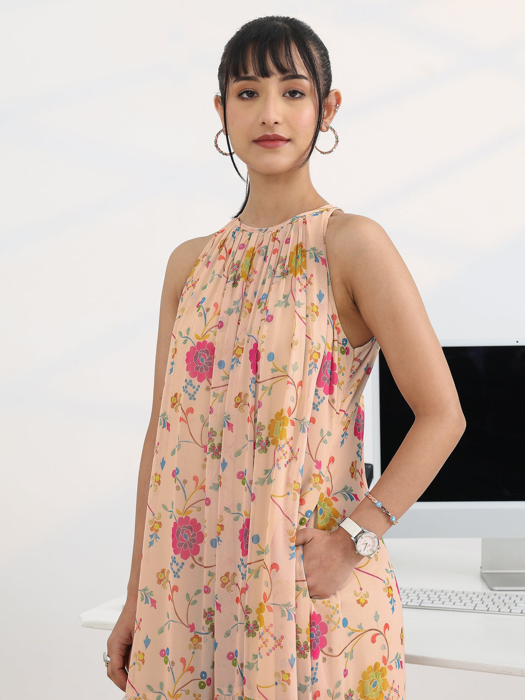 Multi Printed Georgette A-line One Piece Dress