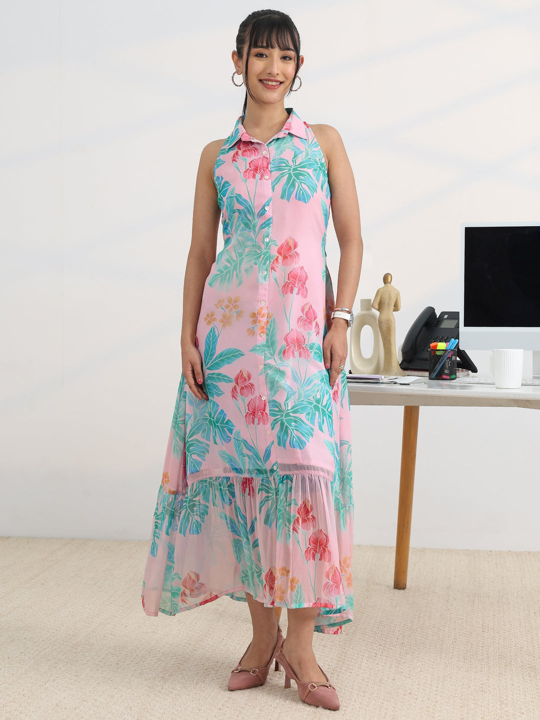 Pink Printed Chiffon A-line One Piece Dress