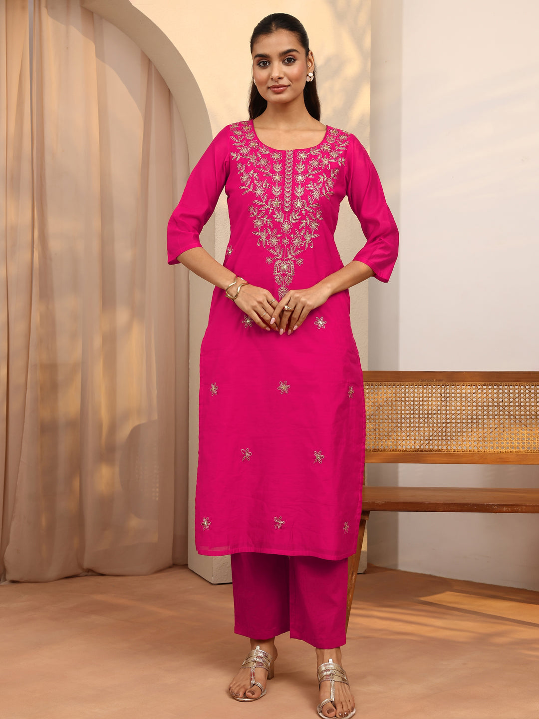 Pink Floral Embroidered Chanderi Silk Straight Kurta