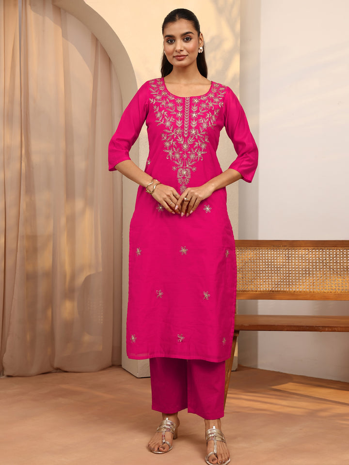 Pink Floral Embroidered Chanderi Silk Straight Kurta