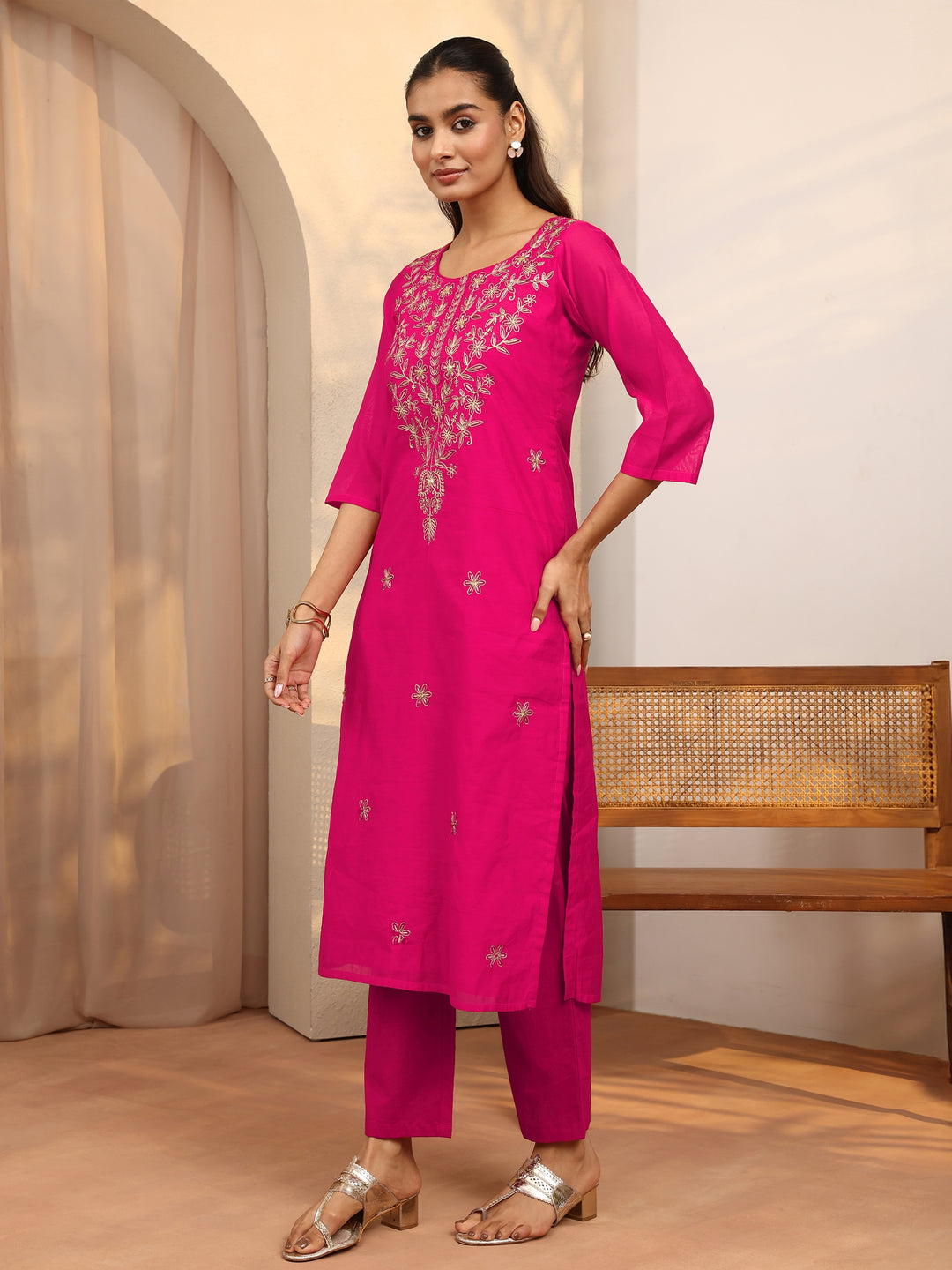 Pink Floral Embroidered Chanderi Silk Straight Kurta