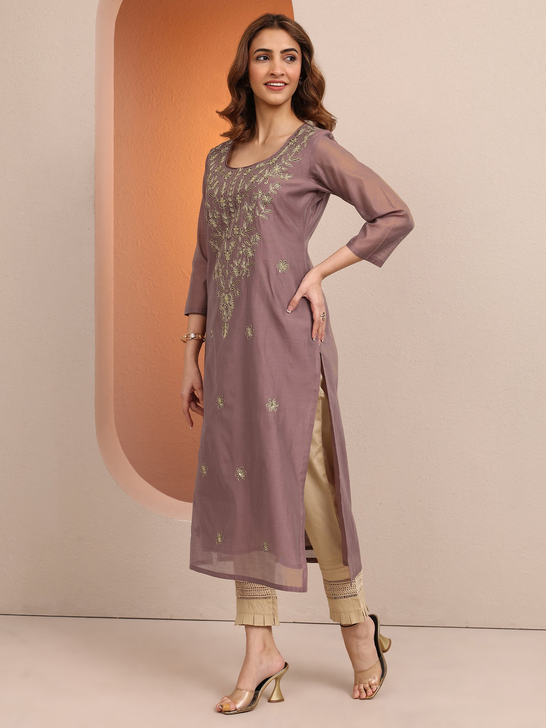 Brown Embroidered Chanderi Silk Straight Kurta