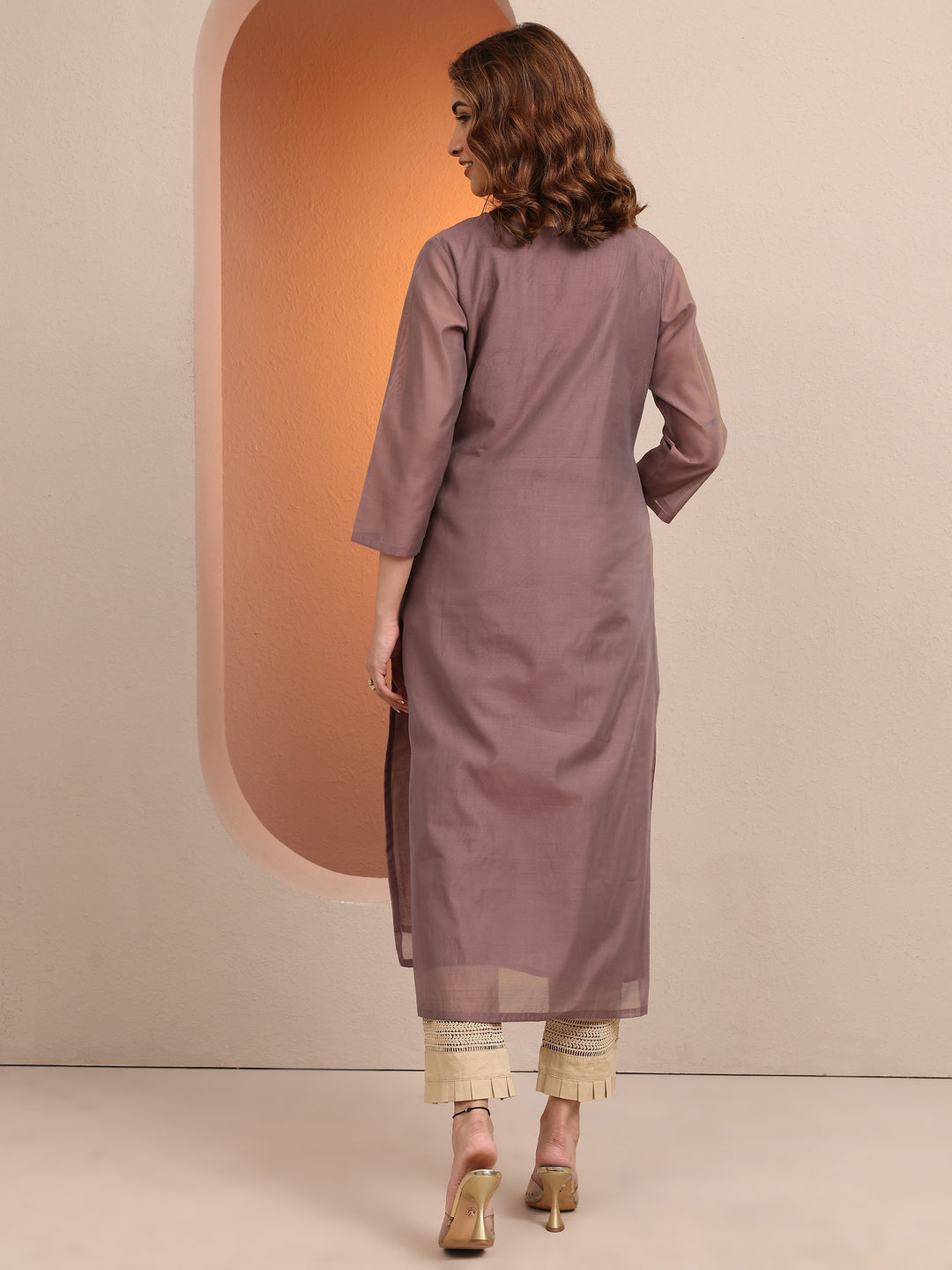 Brown Embroidered Chanderi Silk Straight Kurta