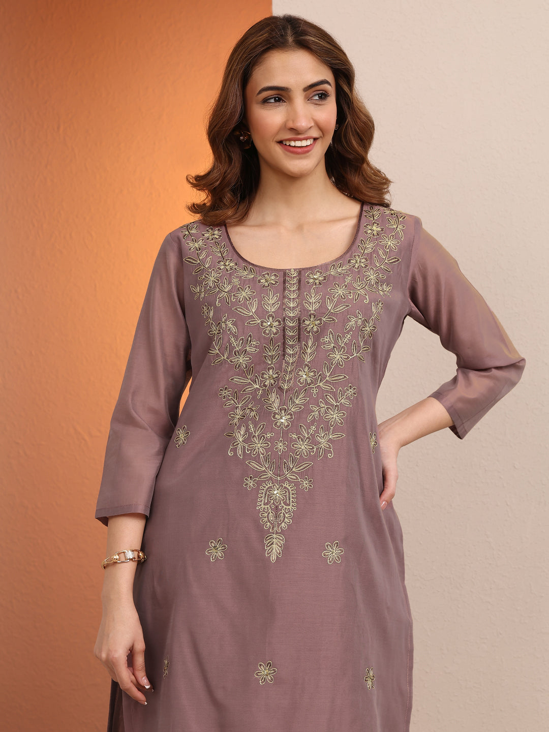 Brown Embroidered Chanderi Silk Straight Kurta