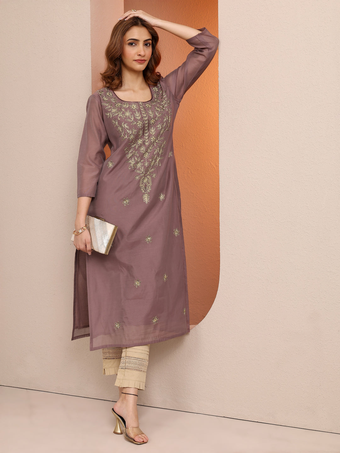 Brown Embroidered Chanderi Silk Straight Kurta