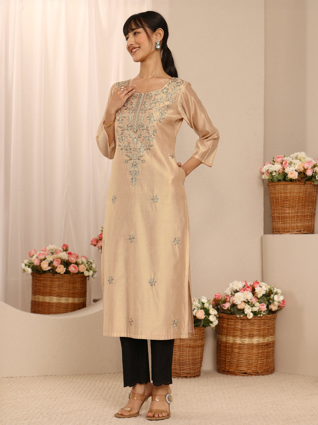 Beige Floral Embroidered Chanderi Silk Straight Kurta