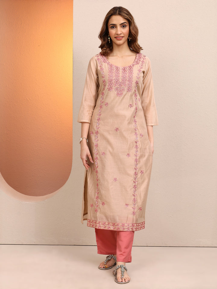 Beige Embroidered Chanderi Silk Straight Kurta