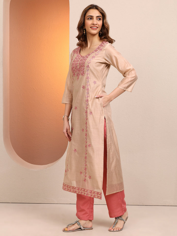 Beige Embroidered Chanderi Silk Straight Kurta