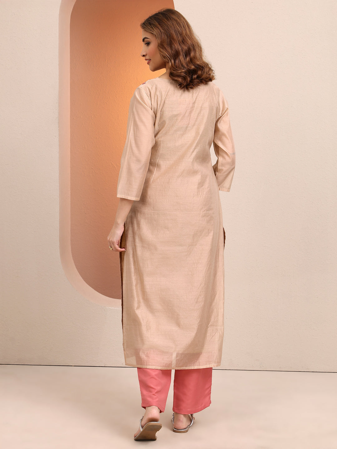 Beige Embroidered Chanderi Silk Straight Kurta