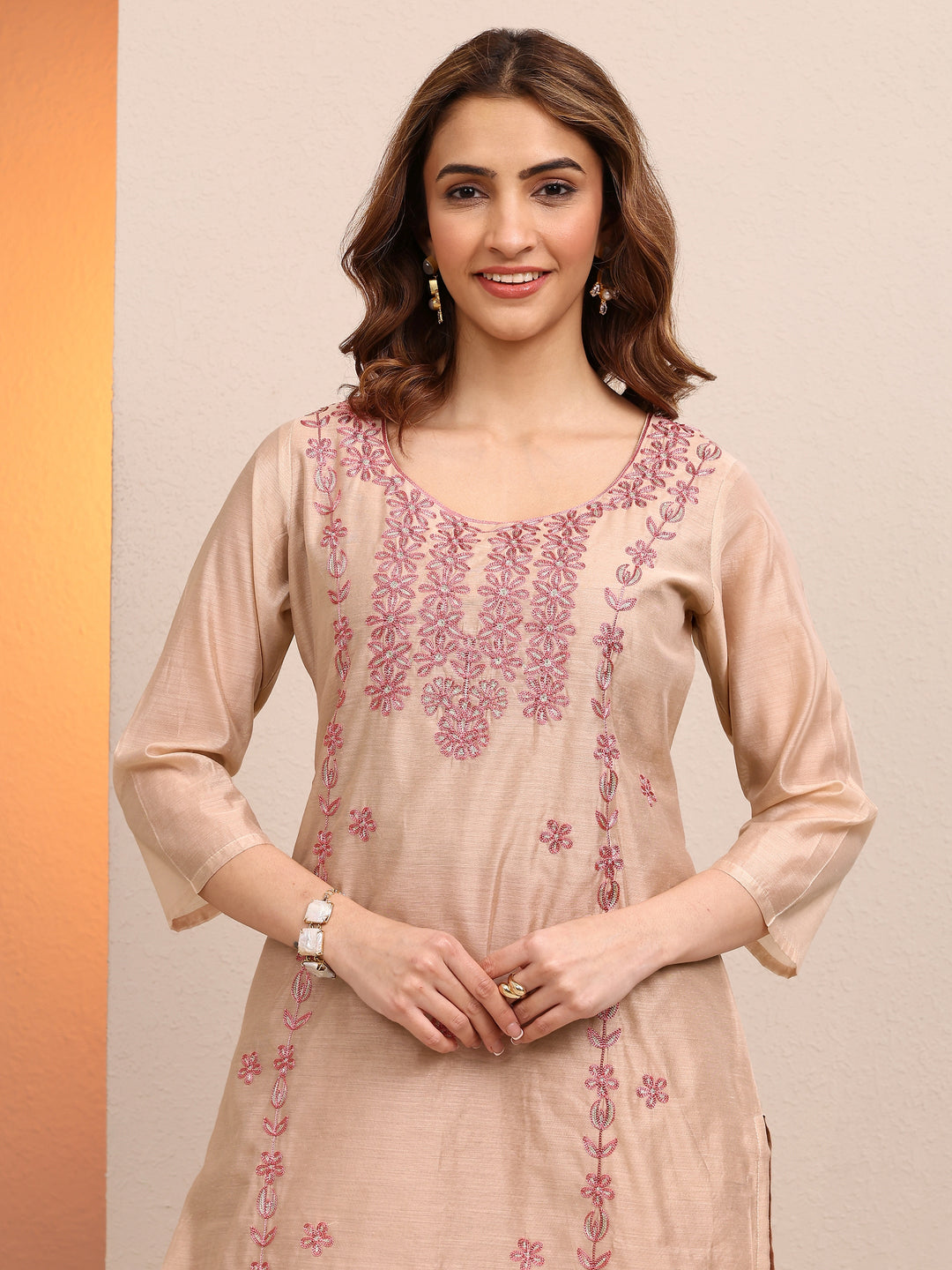 Beige Embroidered Chanderi Silk Straight Kurta