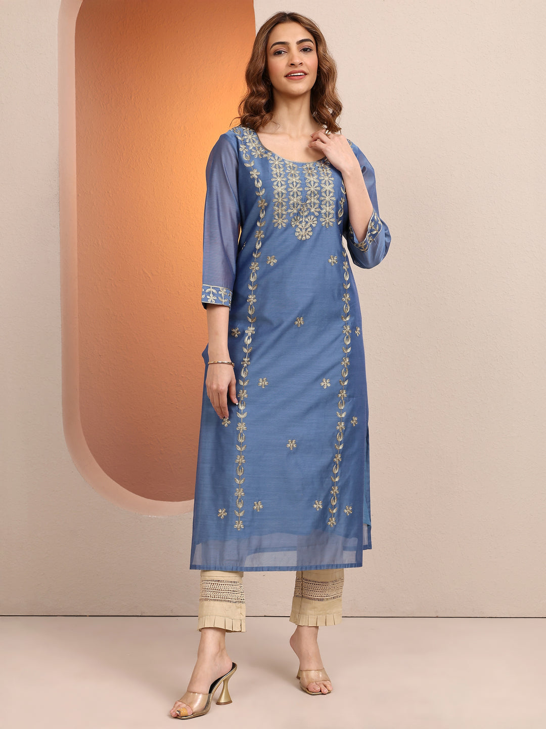 Blue Embroidered Chanderi Silk Straight Kurta