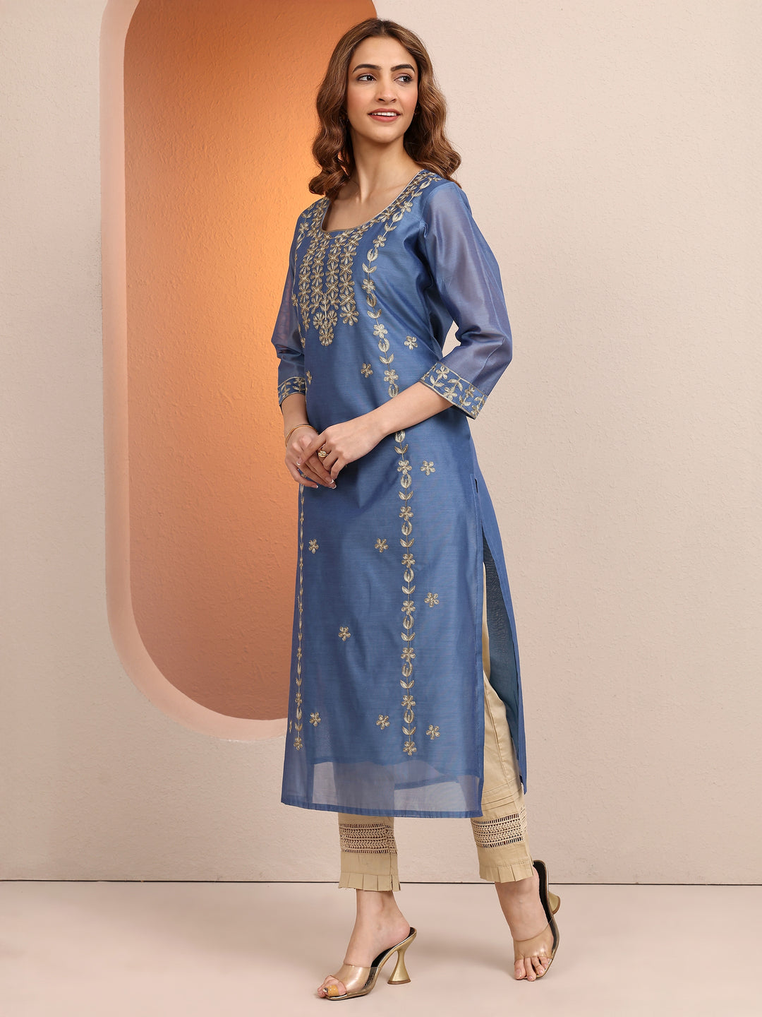 Blue Embroidered Chanderi Silk Straight Kurta