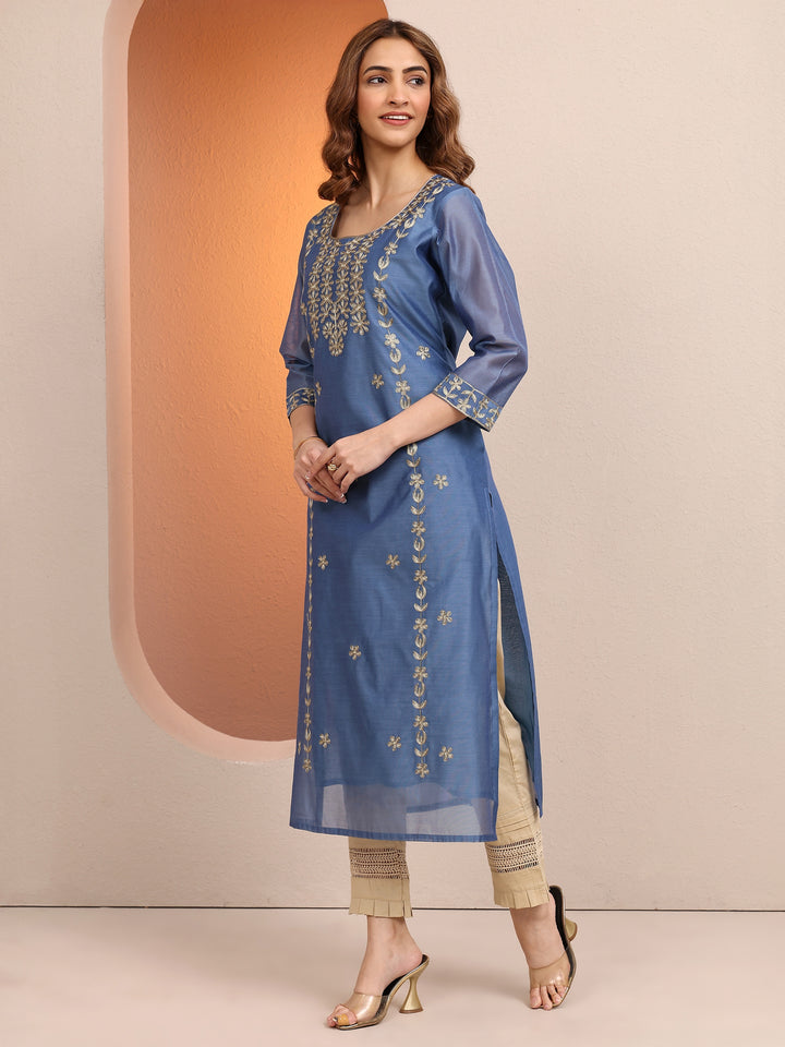 Blue Embroidered Chanderi Silk Straight Kurta