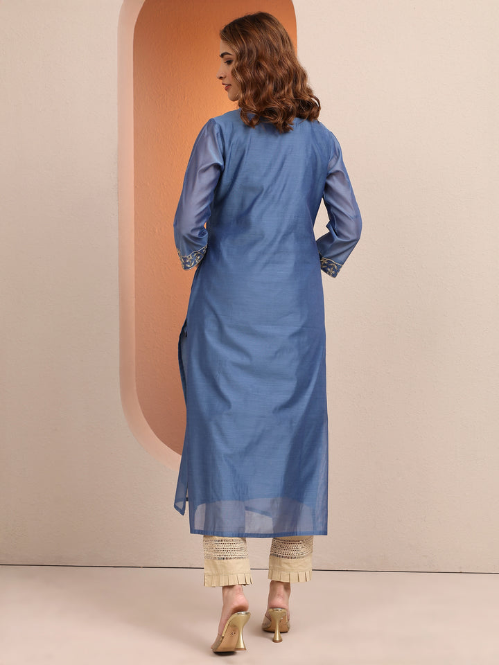 Blue Embroidered Chanderi Silk Straight Kurta
