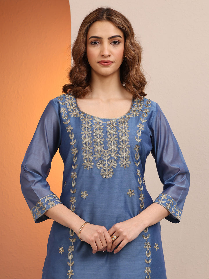 Blue Embroidered Chanderi Silk Straight Kurta